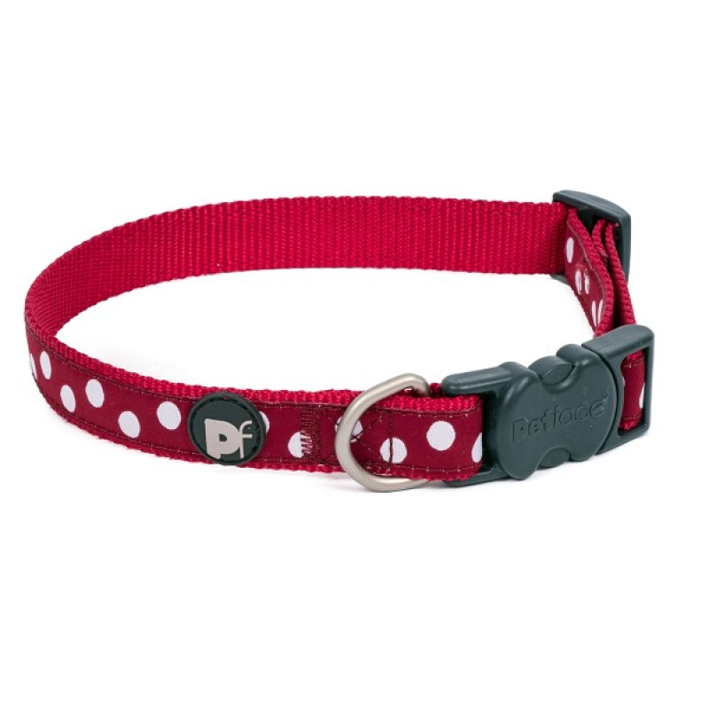 Red dog collar with white polka dots and a black buckle on a white background