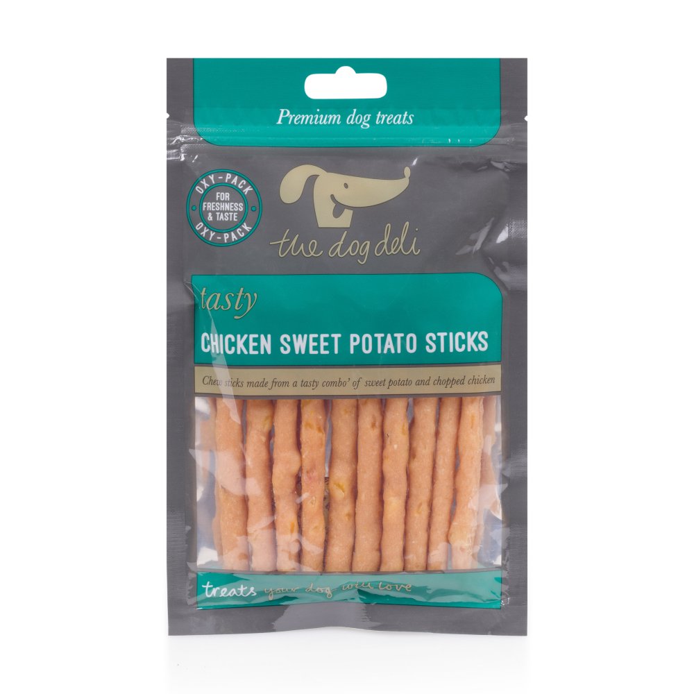 Package of 'The Dog Deli' chicken sweet potato sticks on a white background