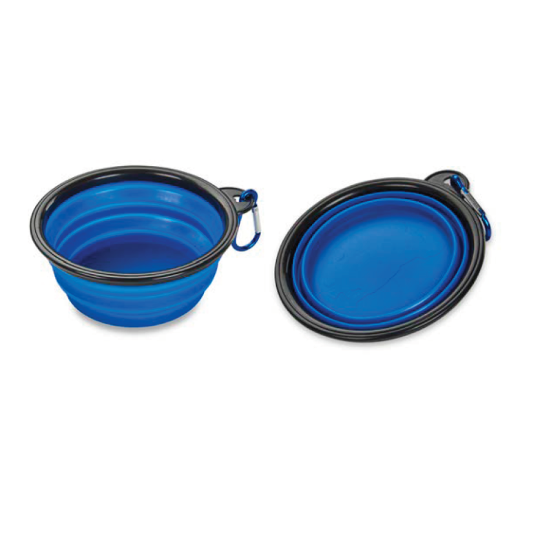 Two blue collapsible pet bowls with black rims on a white background