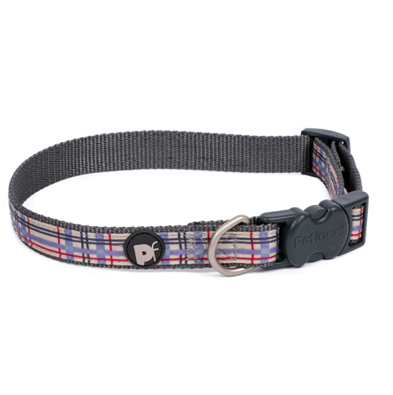 Dog collar with plaid pattern and black buckle on a white background
