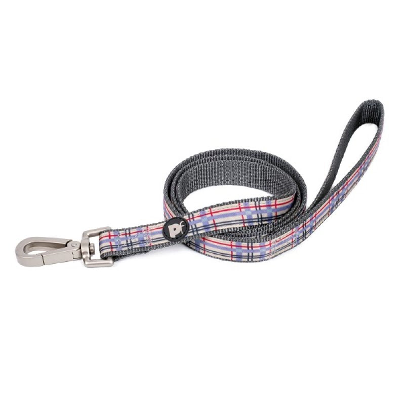 Dog leash with plaid pattern and metal clip on a white background