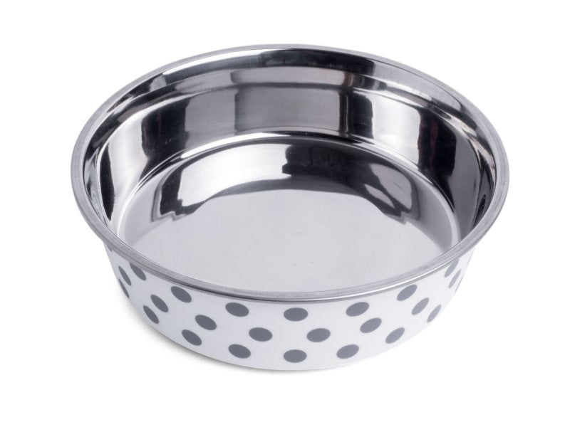 Deli grey spot metal dog bowl on a white background