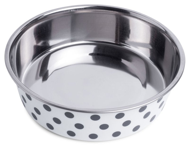 Stainless steel bowl with black polka dots on a white background