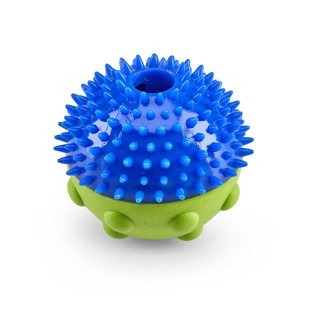 Blue and green spiky ball on a white background