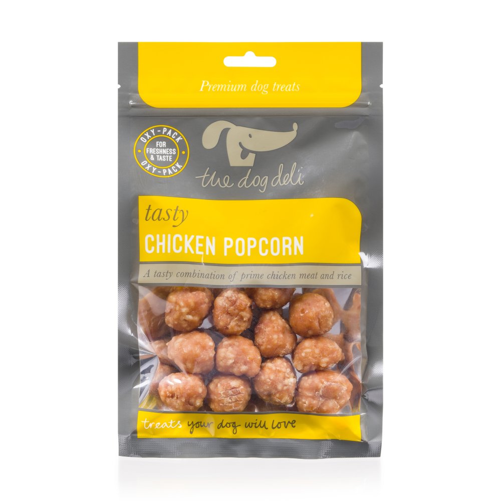 Package of The Dog Deli chicken popcorn dog treats with yellow and gray design.