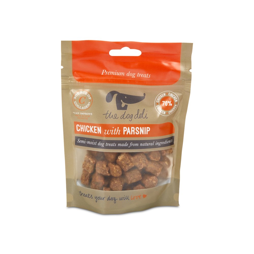 Package of 'The Dog Deli' chicken with parsnip dog treats on a white background