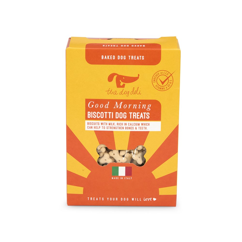 Box of Good Morning Biscotti dog treats with a yellow and orange design on a white background
