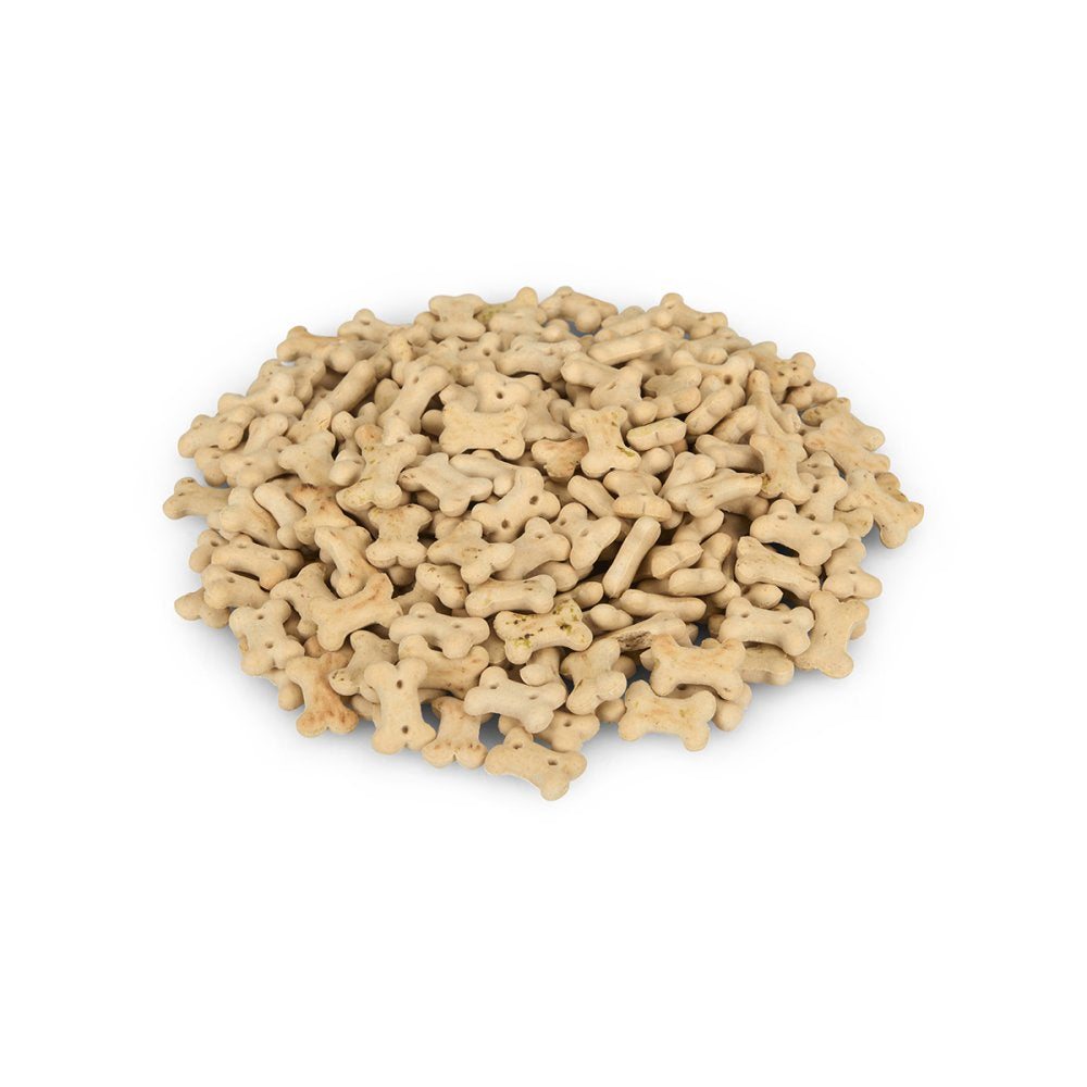 Beige bone-shaped dog treats on a white background