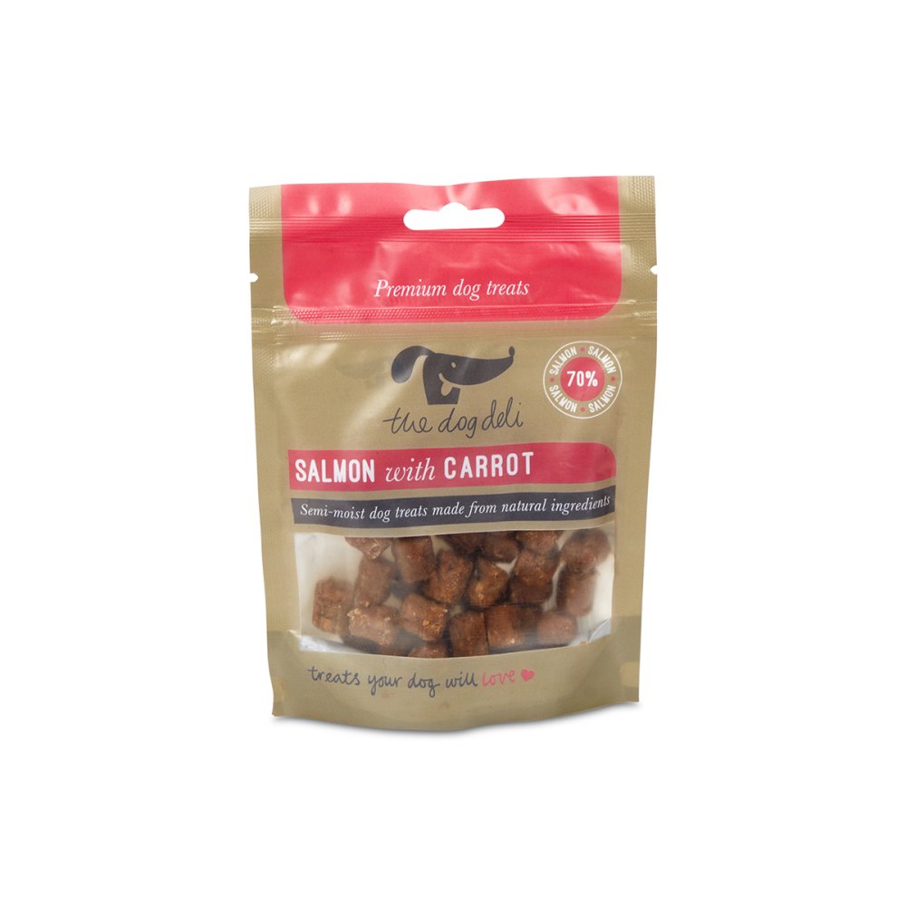 Package of dog treats labeled 'Salmon with Carrot' on a white background