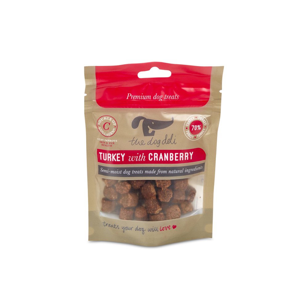Package of dog treats with turkey and cranberry flavor on a white background
