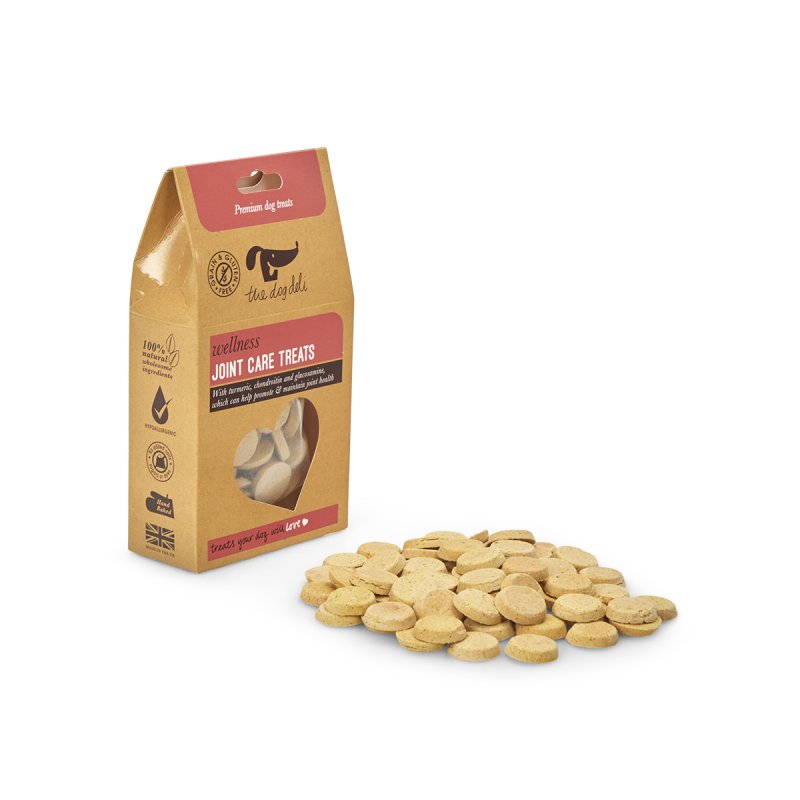 Package of Wellness Joint Care Treats for dogs with treats on a white background