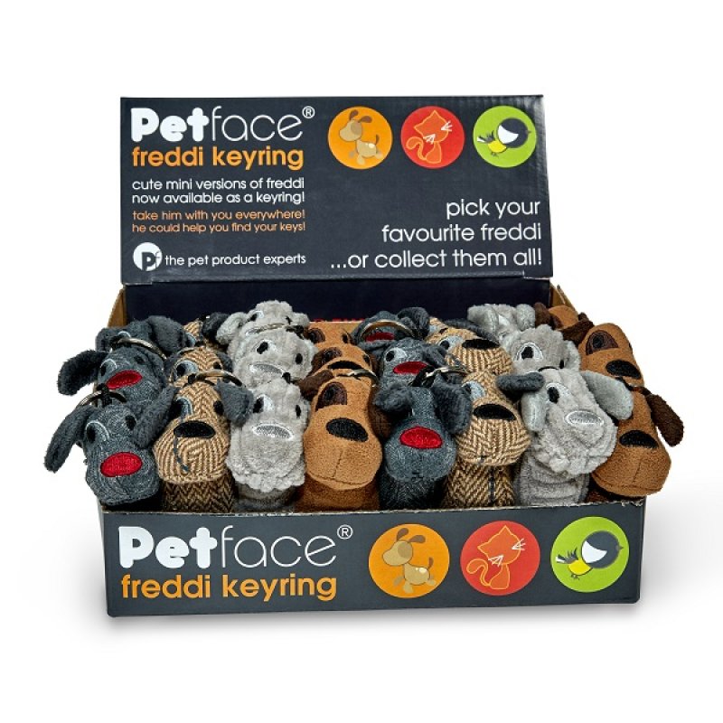 Box of Petface freddi keyrings with various animal designs on a white background