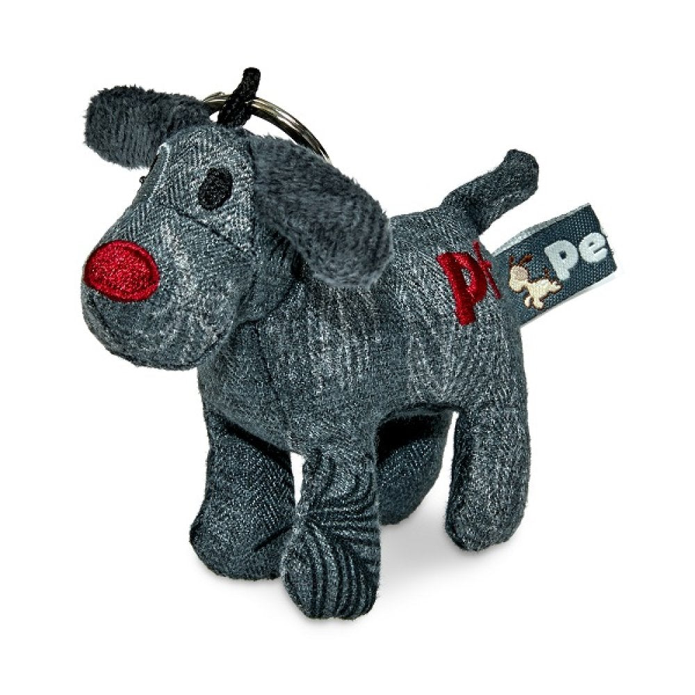 Gray dog-shaped keychain with red nose on a white background