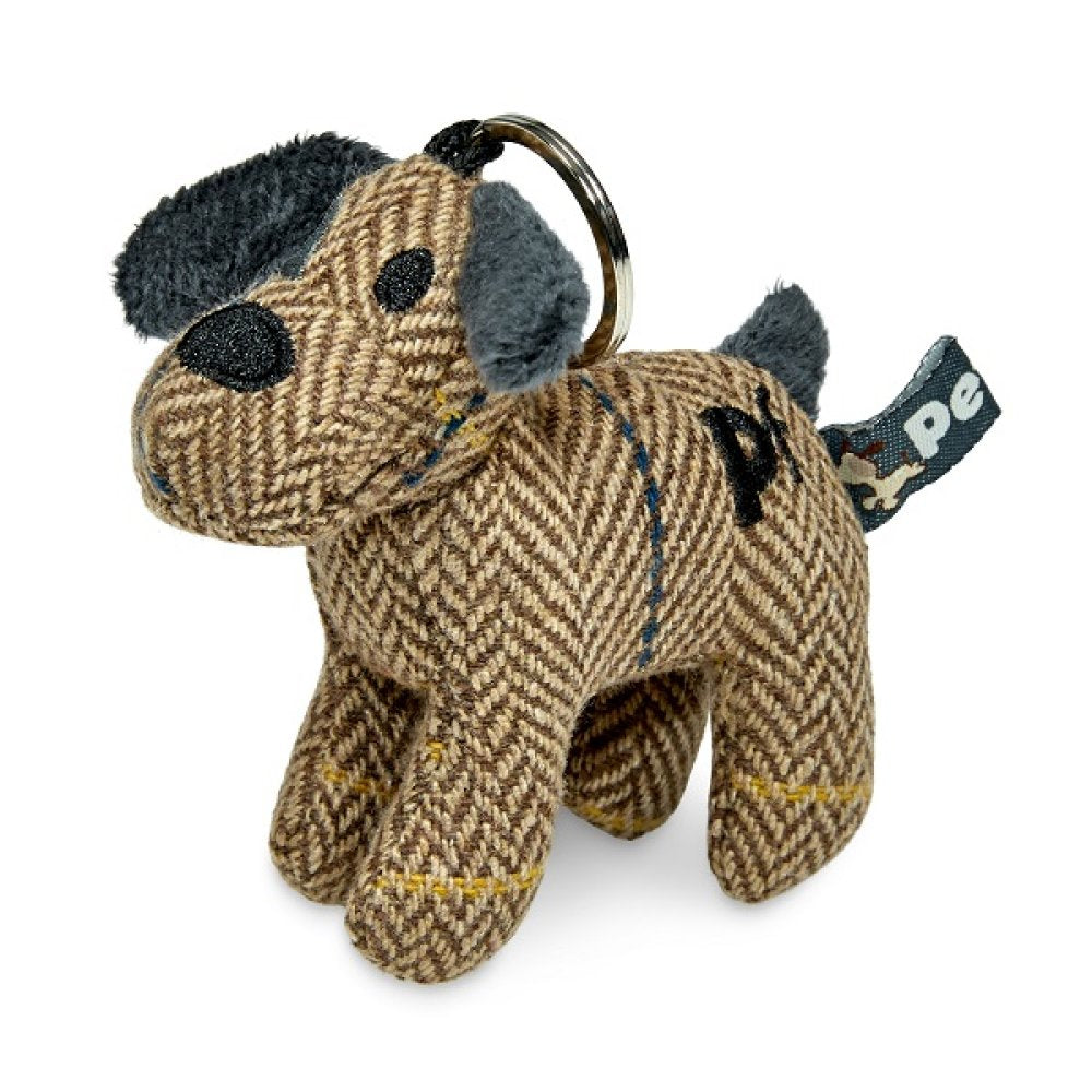Dog-shaped keychain plush toy with a herringbone pattern on a white background