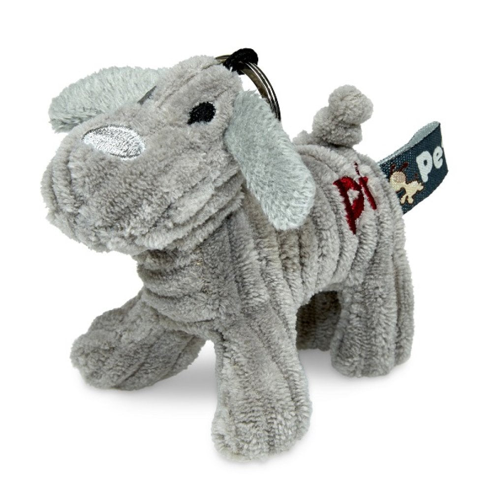 Gray plush dog keyring with a tag on a white background