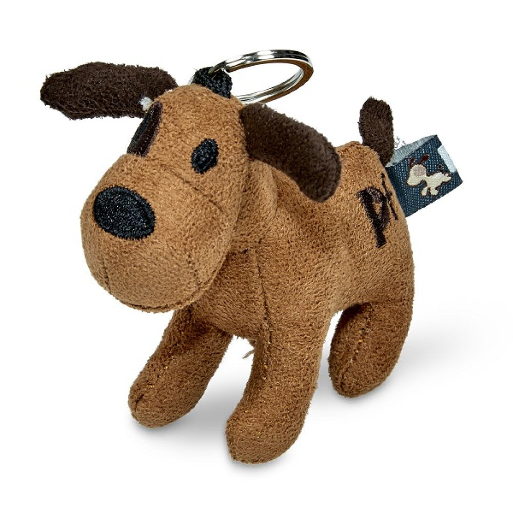 Brown dog-shaped keychain with a tag on a white background