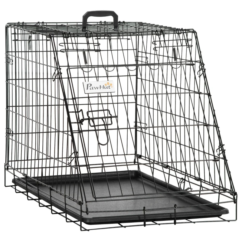 Black wire pet crate with a handle on a white background