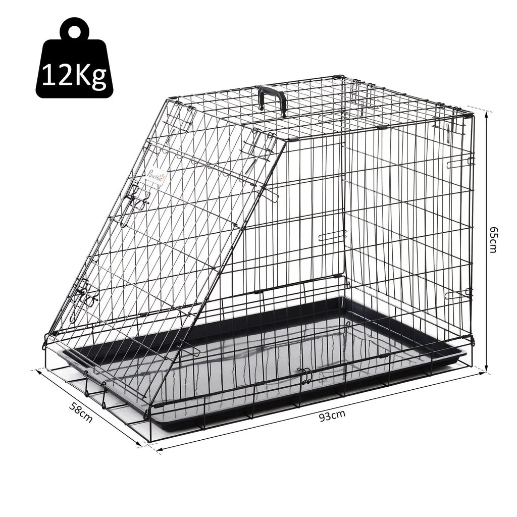 Black metal pet cage with dimensions and weight capacity on a white background