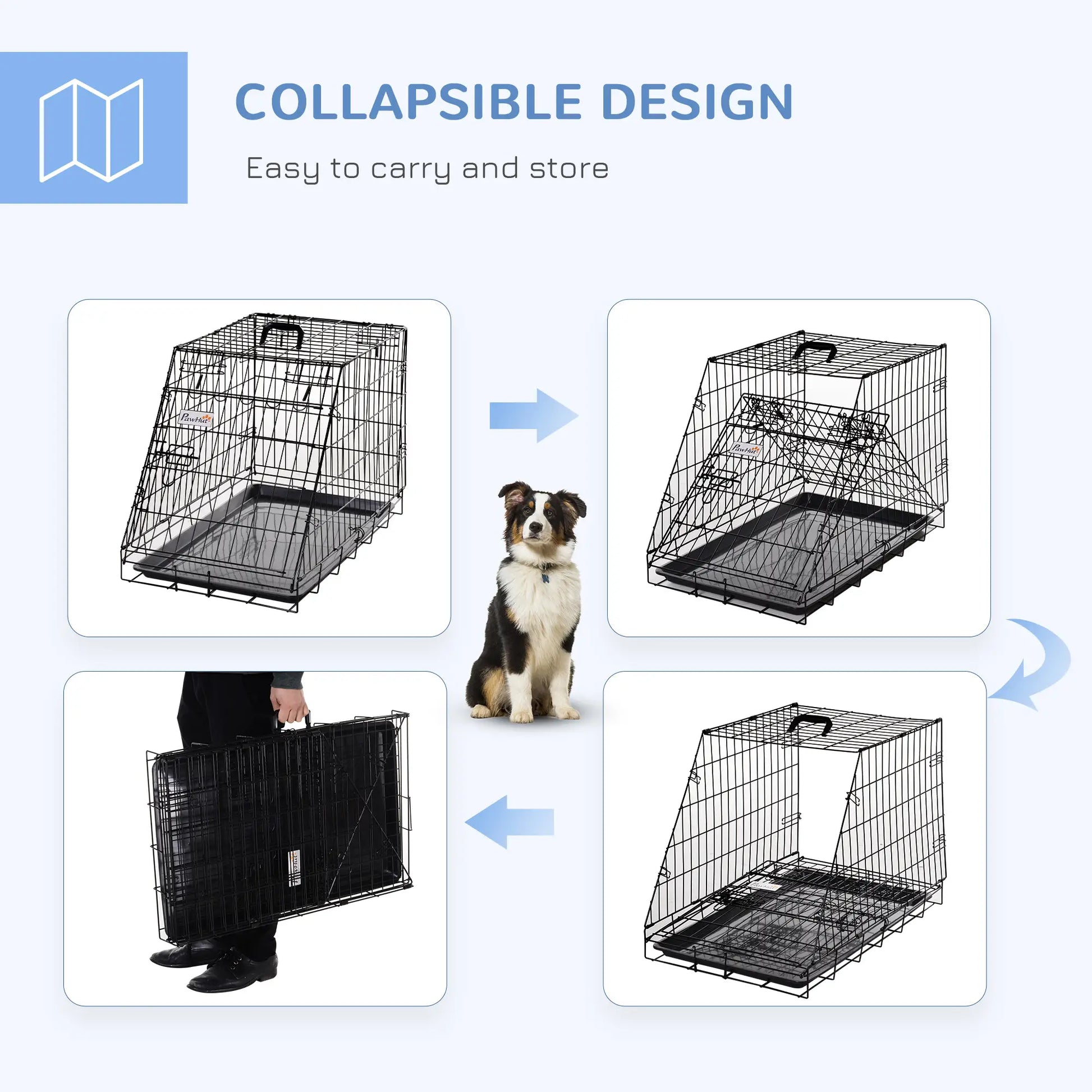 Collapsible dog crate with a dog inside, showing its portability and ease of use.