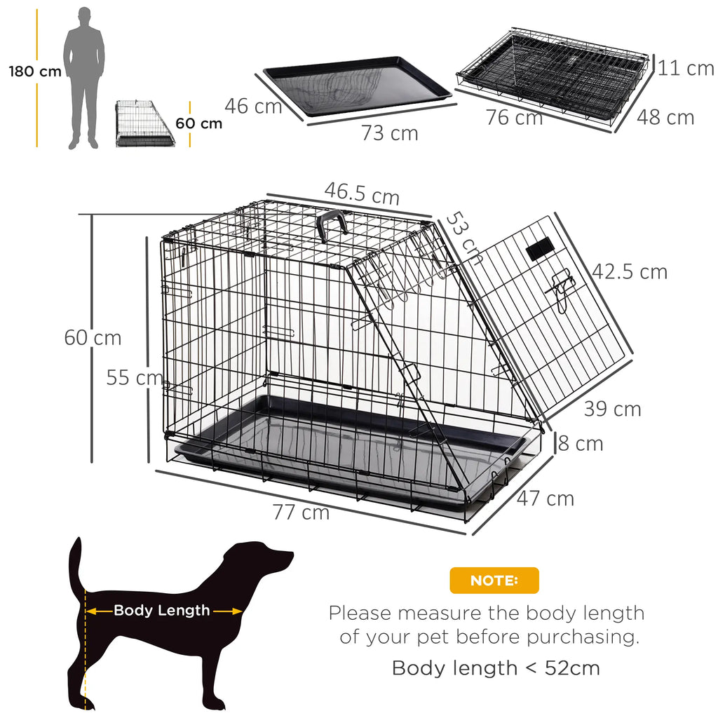 Dog crate with dimensions labeled, including a person for scale.
