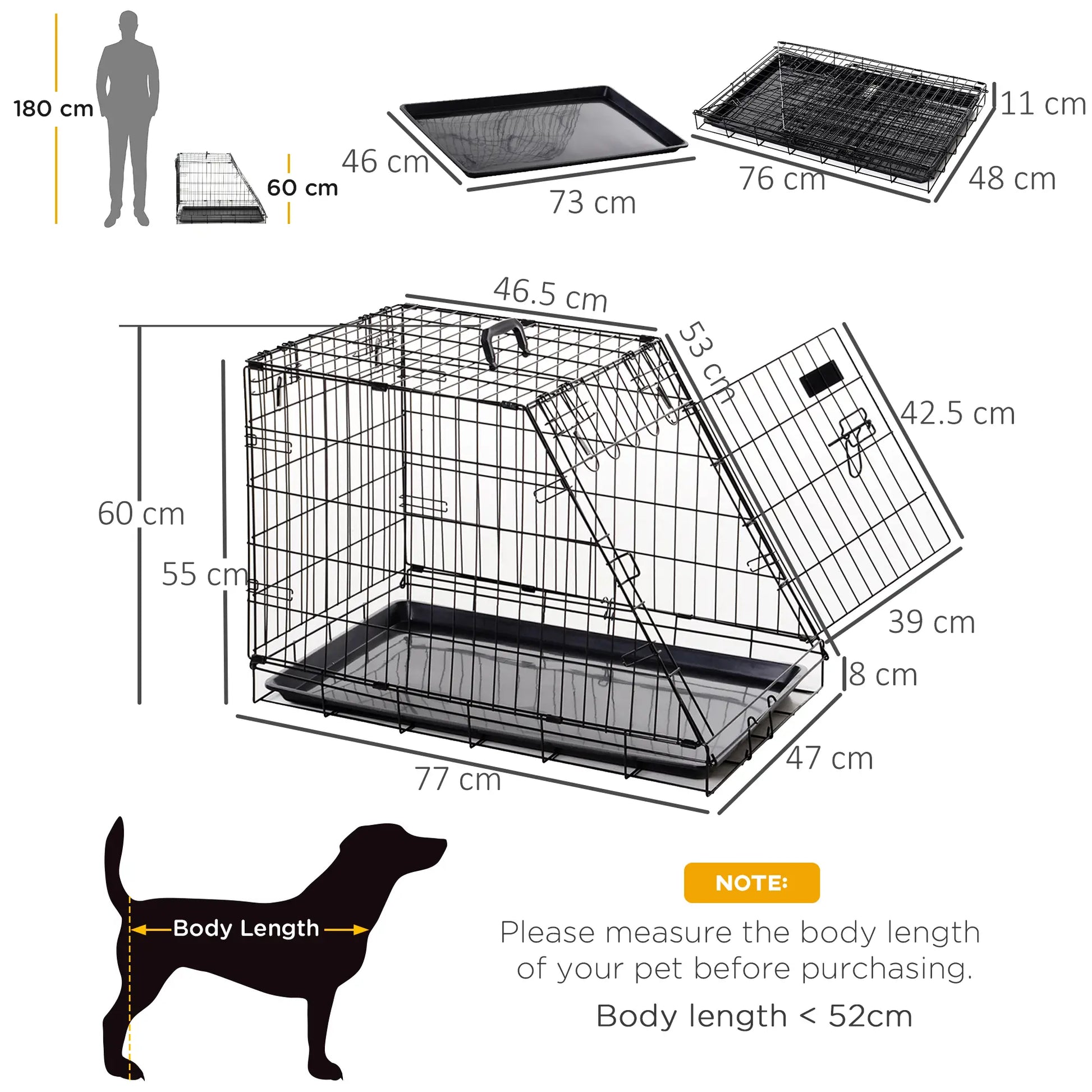 Dog crate with dimensions labeled, including a person for scale.