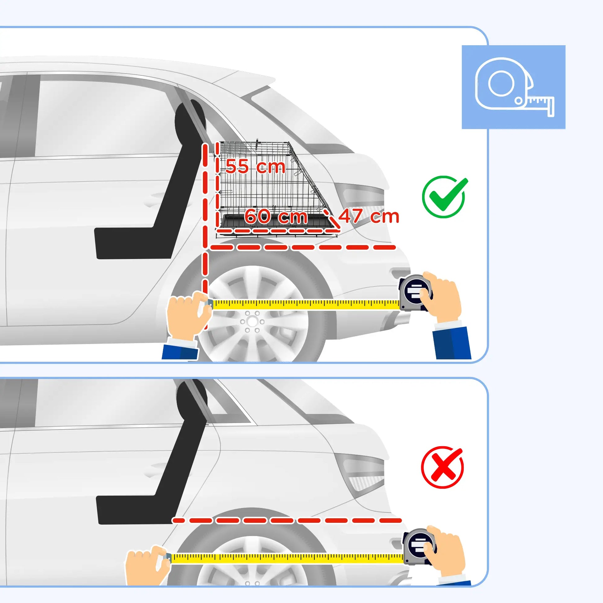 Illustration showing correct and incorrect ways to measure car door height with a tape measure.