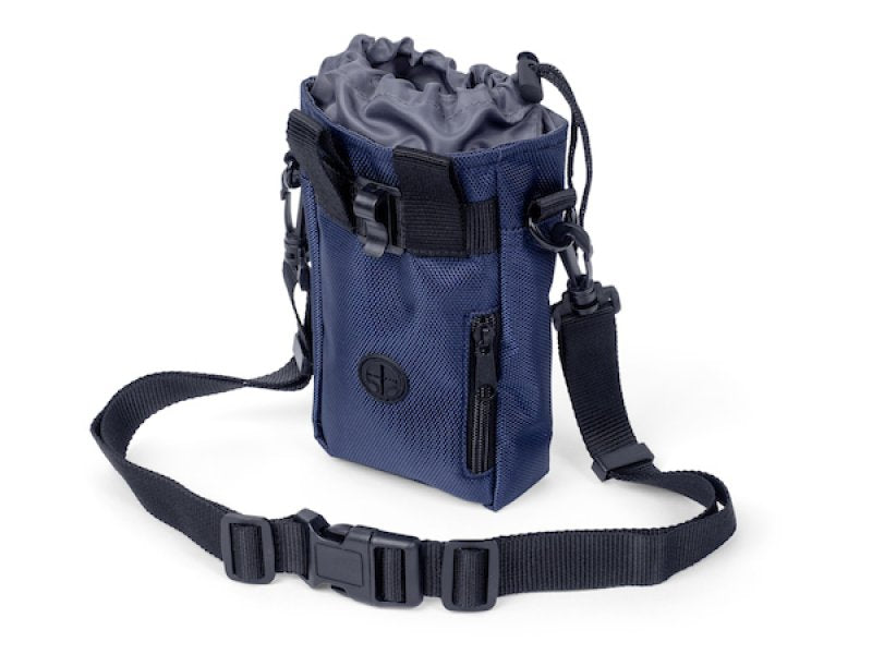Blue pouch with gray top and black strap on a white background