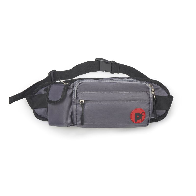 Gray waist bag with black strap and red logo on a white background