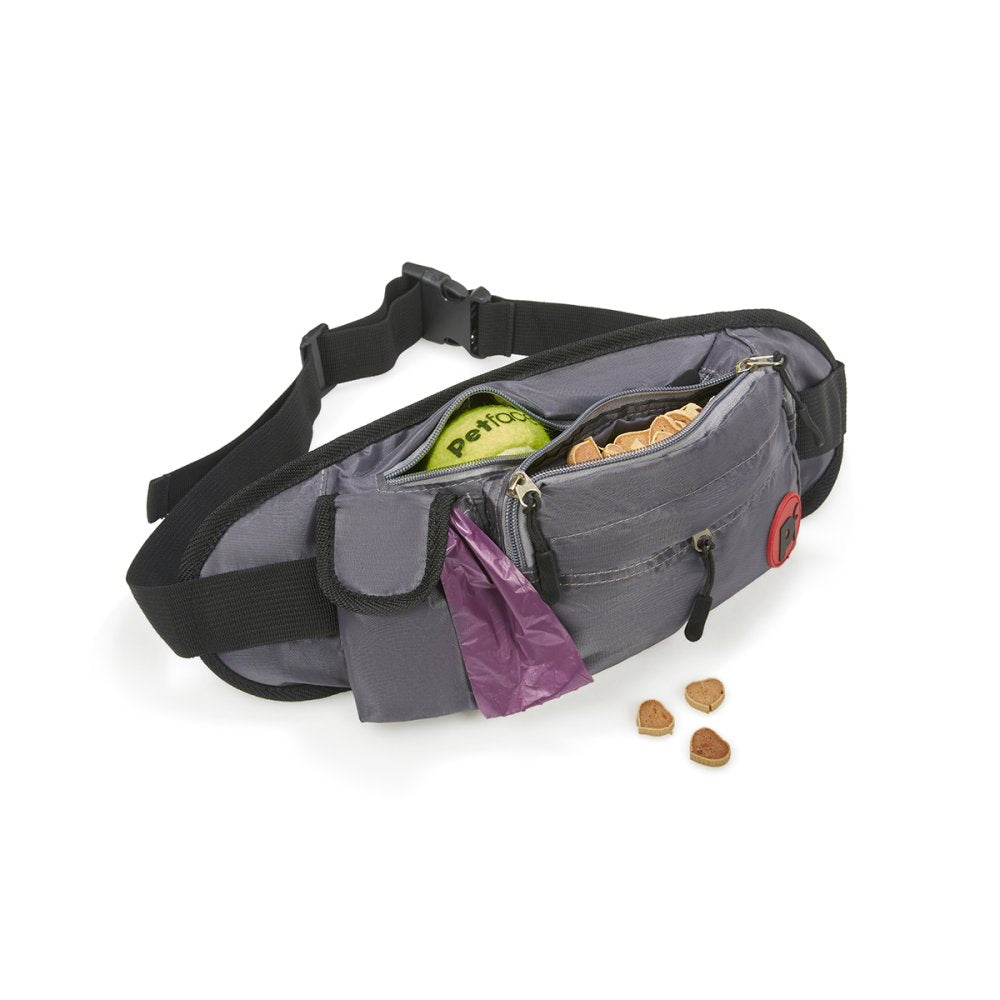 Gray waist bag with black strap and multiple pockets on a white background