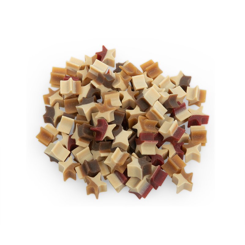 Star-shaped dog treats in various colors on a white background