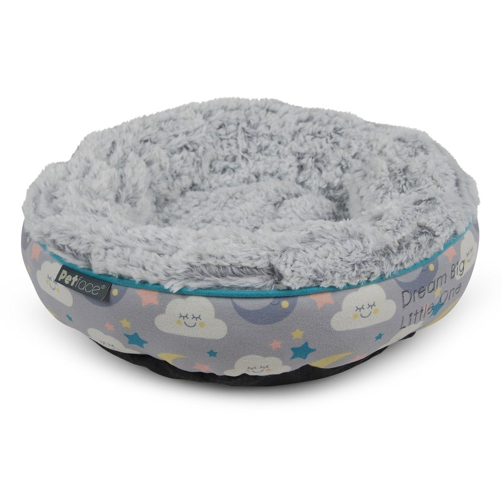 Round gray pet bed with cloud pattern on a white background