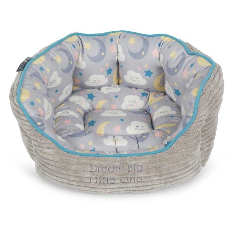 Pet bed with cloud and star pattern on a white background