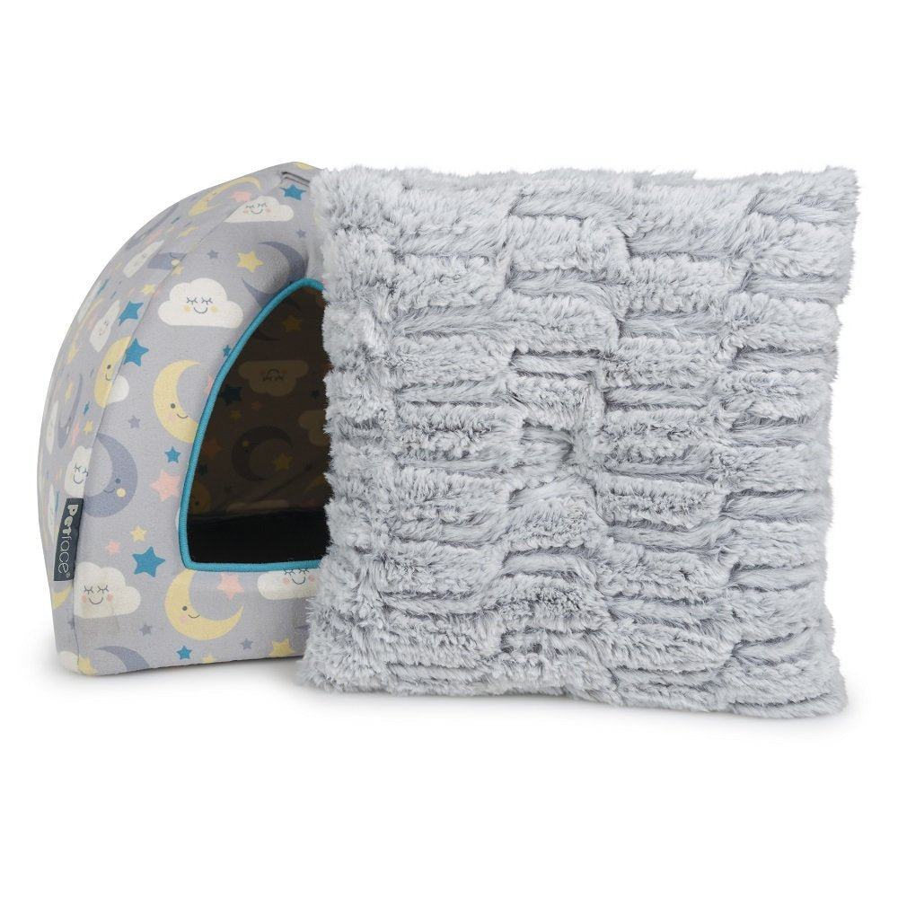 Gray pet bed with textured surface and cloud pattern on a white background