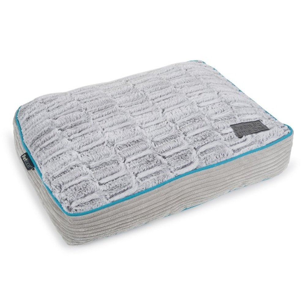 Rectangular gray pet bed with textured surface on a white background