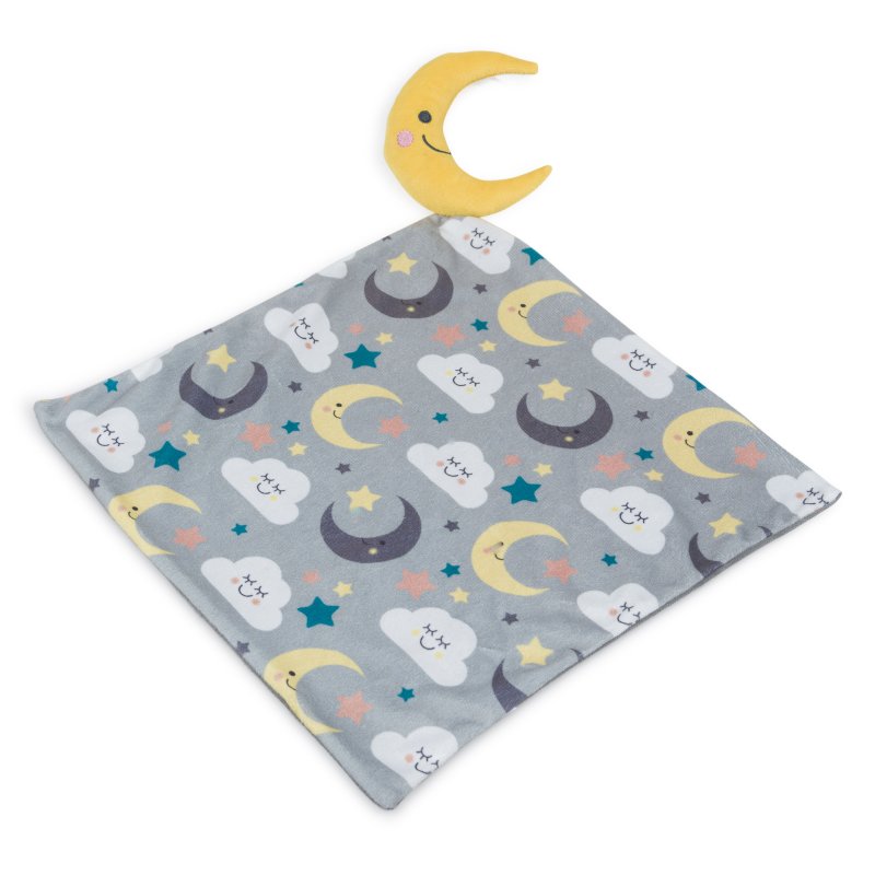 Puppy comfort blanket with moon, star, and cloud patterns on a gray background