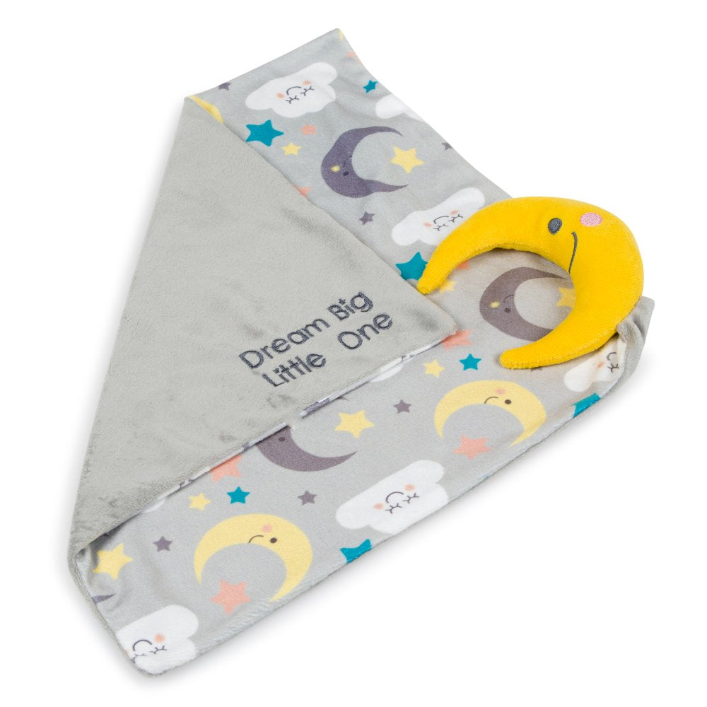 Puppy blanket with moon and star patterns and a yellow toy on a white background