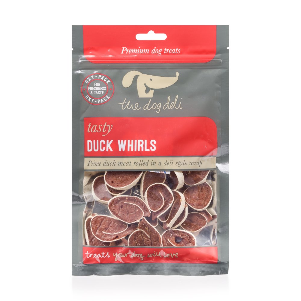 Package of 'tasty Duck Whirls' dog treats by The Dog Deli on a white background