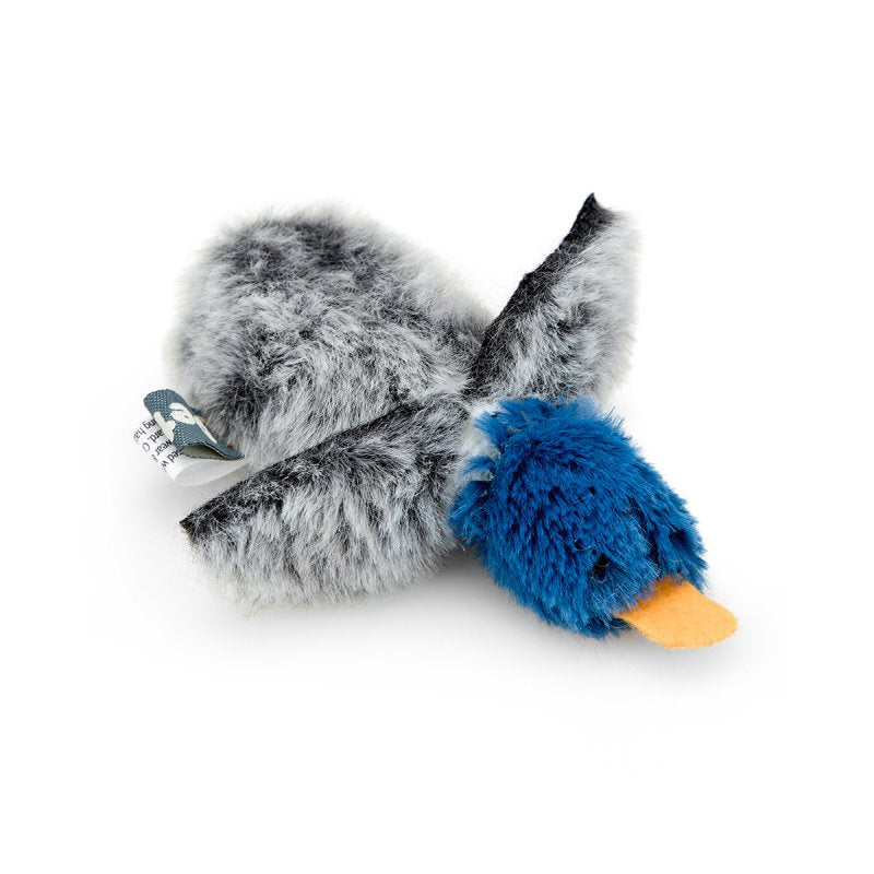 Plush toy resembling a bird with gray feathers and a blue body on a white background
