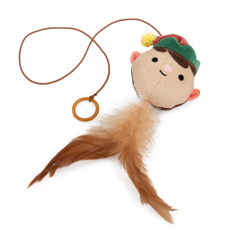 Plush toy with a character head and tail on a string against a white background