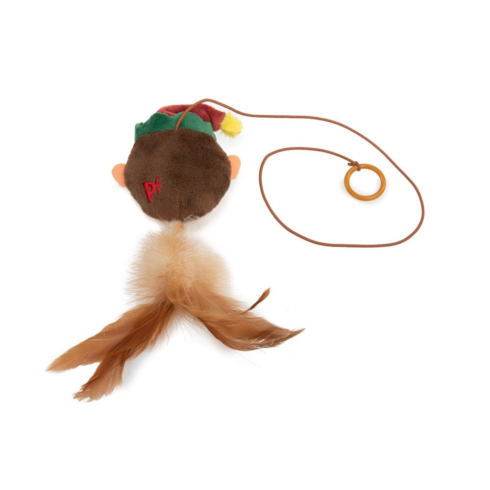Cat toy with feather and ring on a white background