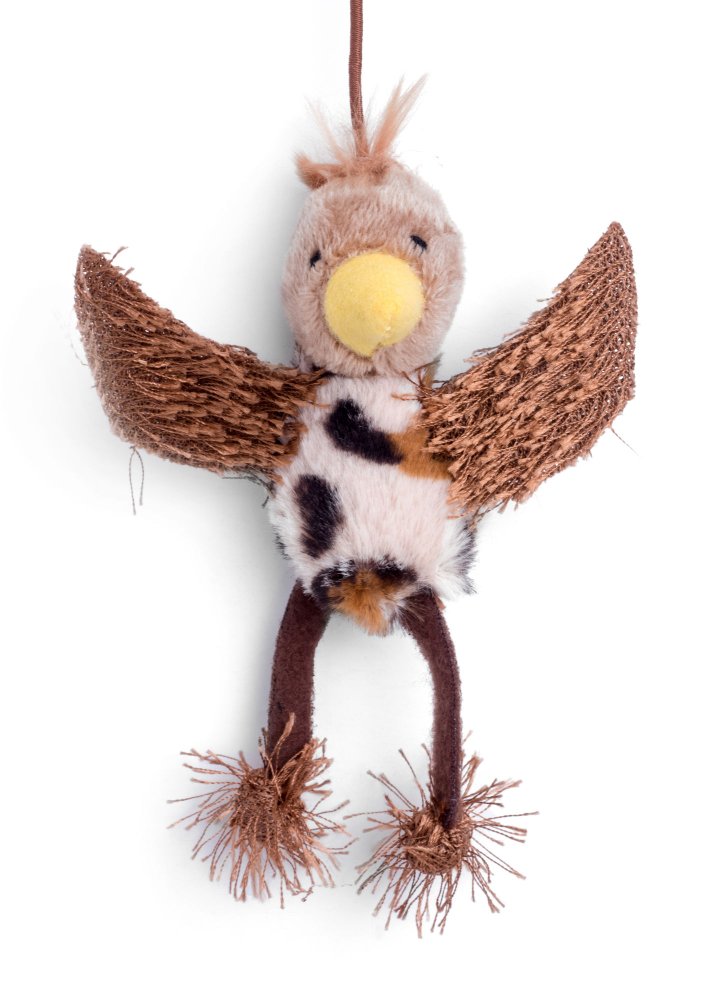 Plush bird toy with brown feathers and a yellow beak on a white background