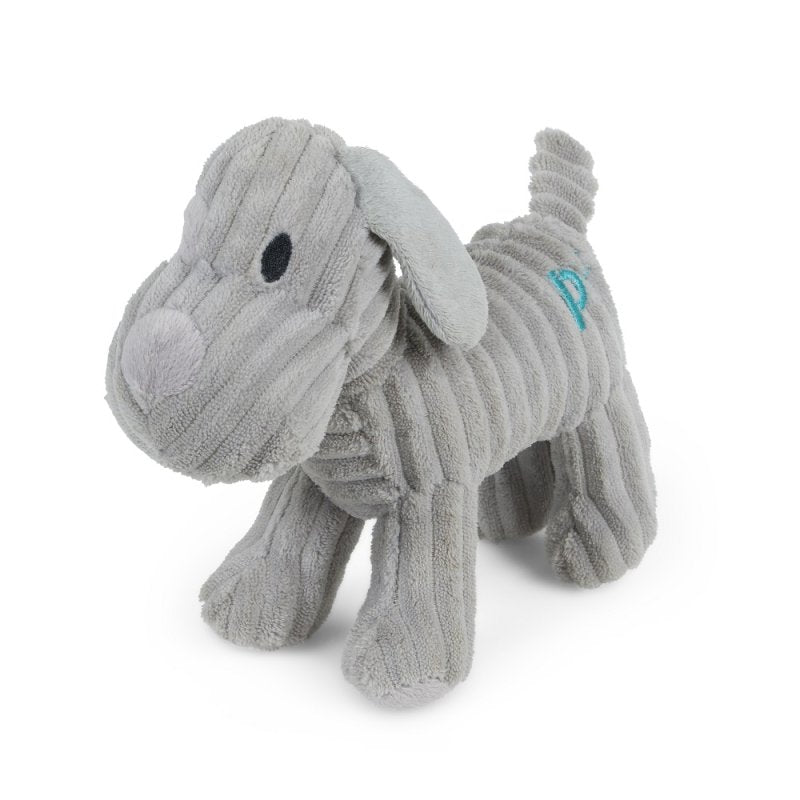 Gray plush dog toy on a white background