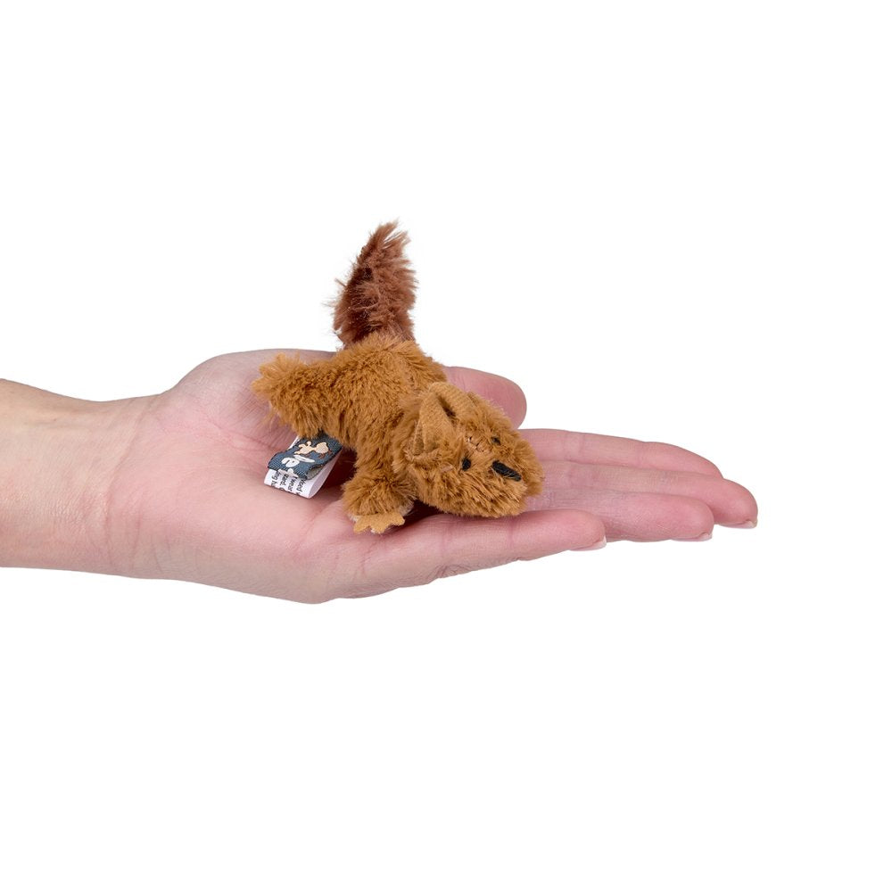 Small brown plush toy held in a hand on a white background