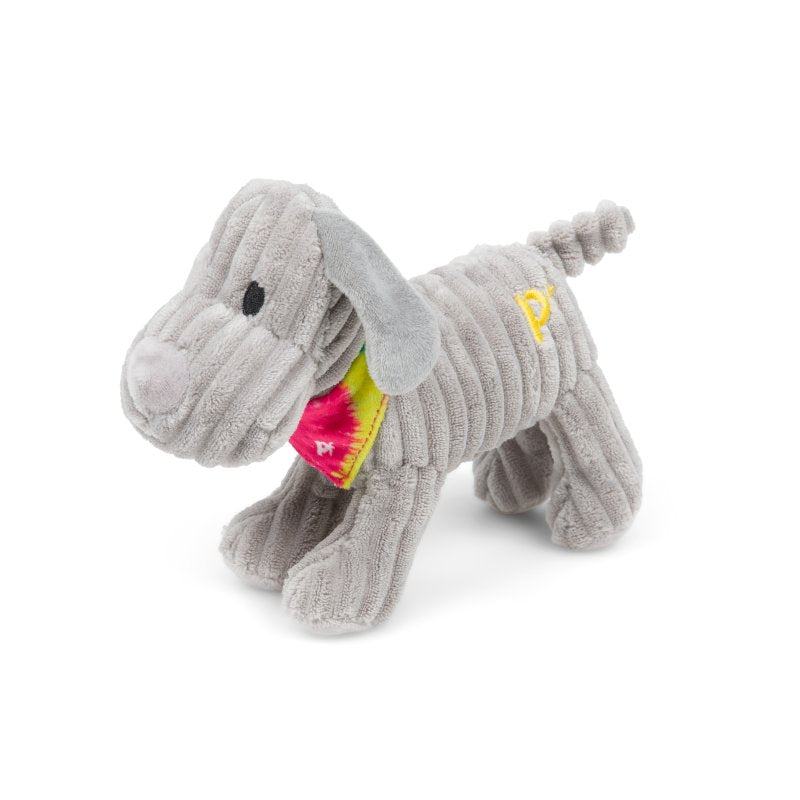 Gray plush dog toy with a yellow tag on a white background