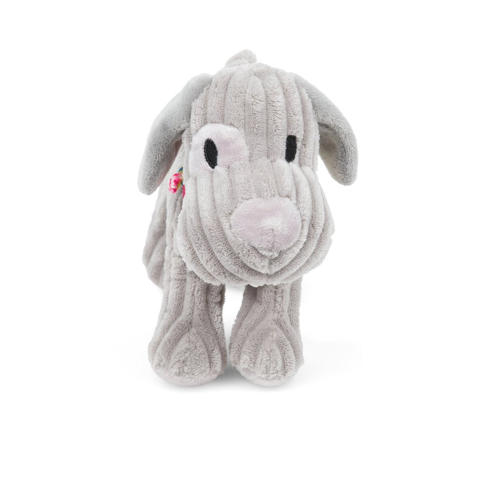 Gray plush dog toy on a white background