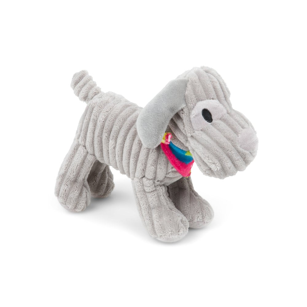 Gray plush dog toy with colorful interior on a white background