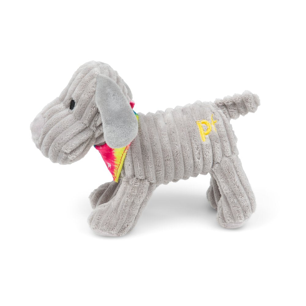Gray plush dog toy with a colorful interior on a white background