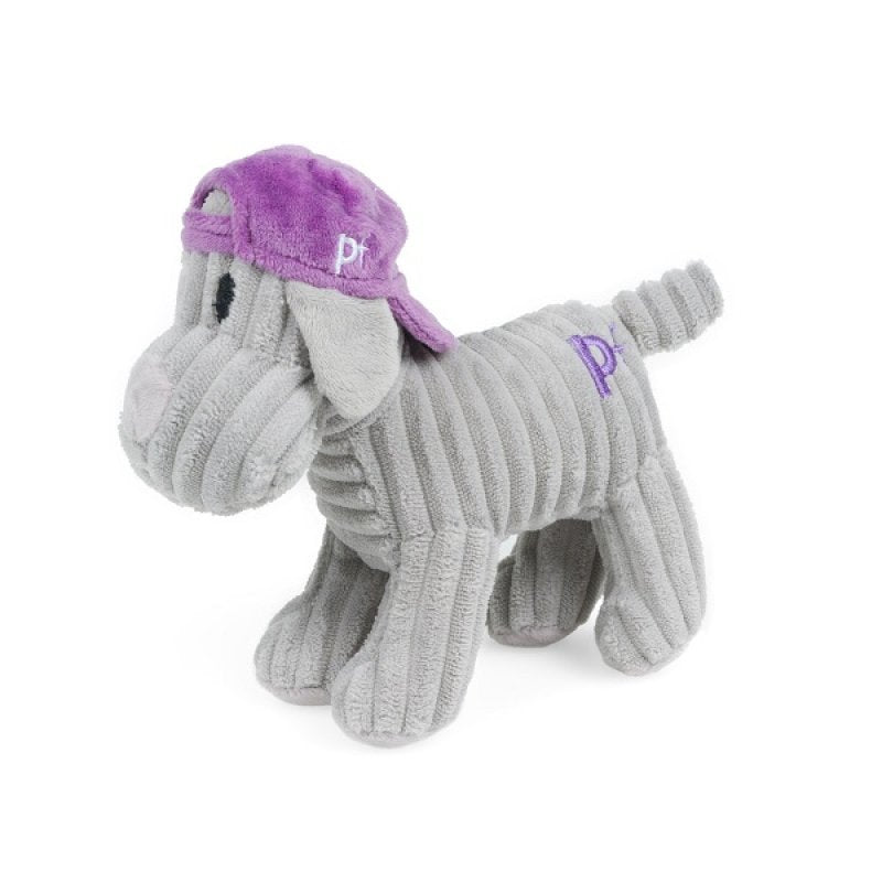 Gray plush dog toy with a purple cap on a white background