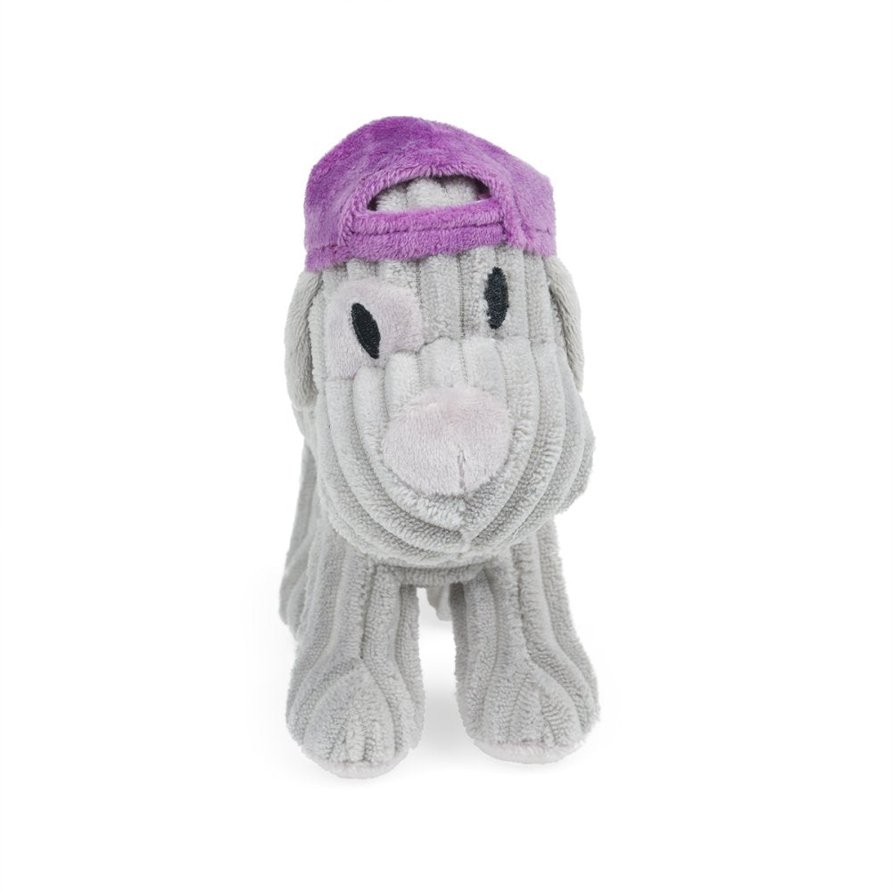 Gray plush toy with a purple hat on a white background