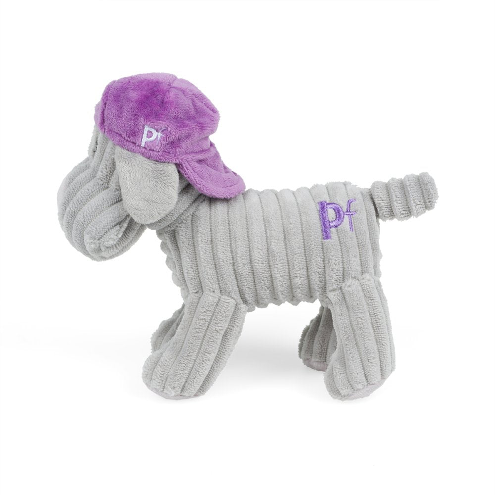 Gray dog toy with a purple cap on a white background